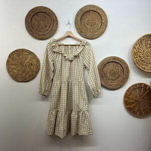 J. Crew Beige White Checkered Long Sleeve Seersucker Ruffle Neck Mini Dress 6